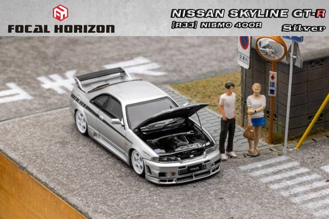 Focal Horizon 1/64 Skyline R33 GT-R, Nismo 400R Silver
(Open-Hood, Visible Engine)