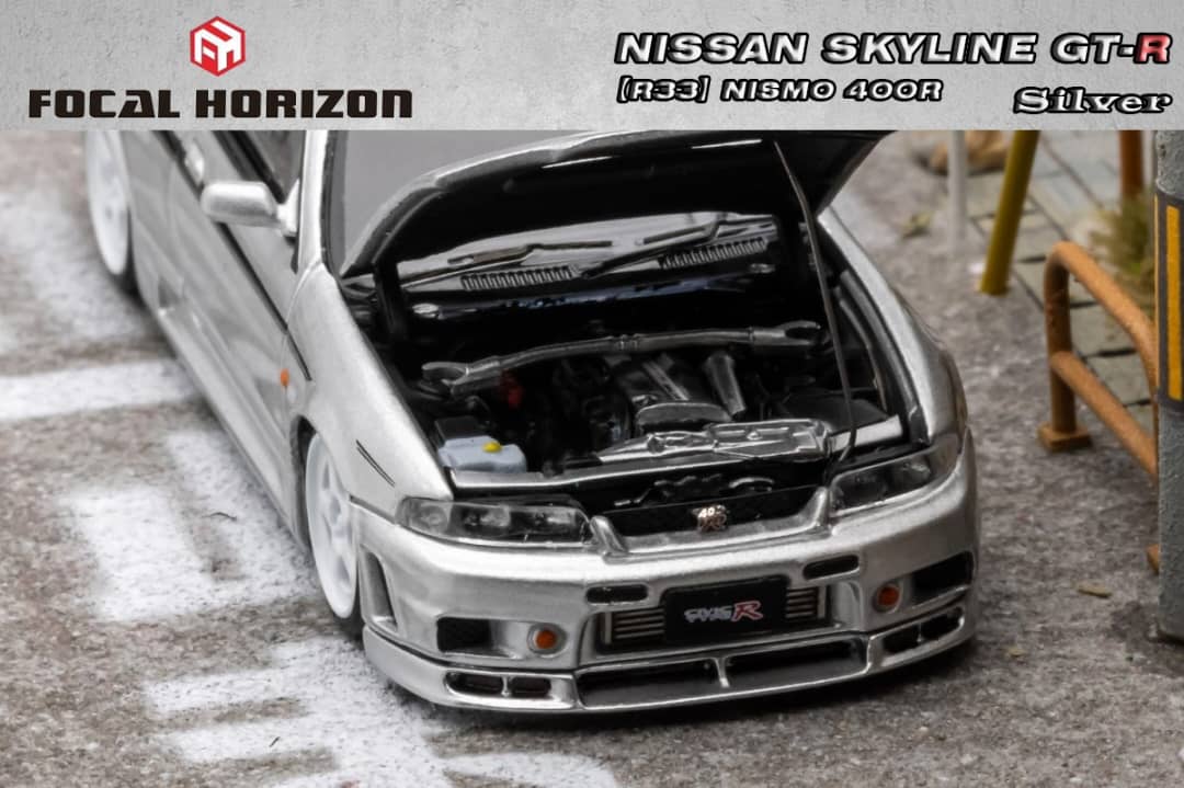 Focal Horizon 1/64 Skyline R33 GT-R, Nismo 400R Silver
(Open-Hood, Visible Engine)