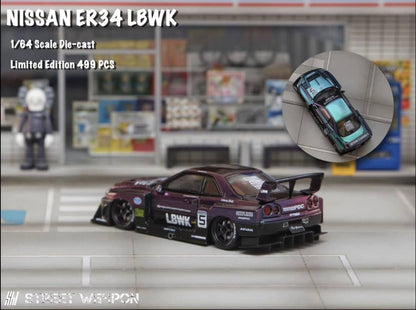 Street Weapon 1/64 Skyline GT-R R34 LB, Super Silhouette ER34 (Open-Hood, Visible Engine)