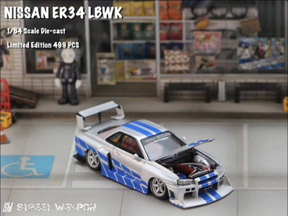 Street Weapon 1/64 Skyline GT-R R34 LB, Super Silhouette ER34 (Open-Hood, Visible Engine)