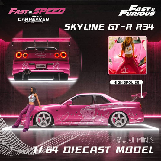 Fast Speed x Car Heaven 1/64 Skyline GT-R R34 Z-Tune  HighWing Edition FNF Suki Pink Livery