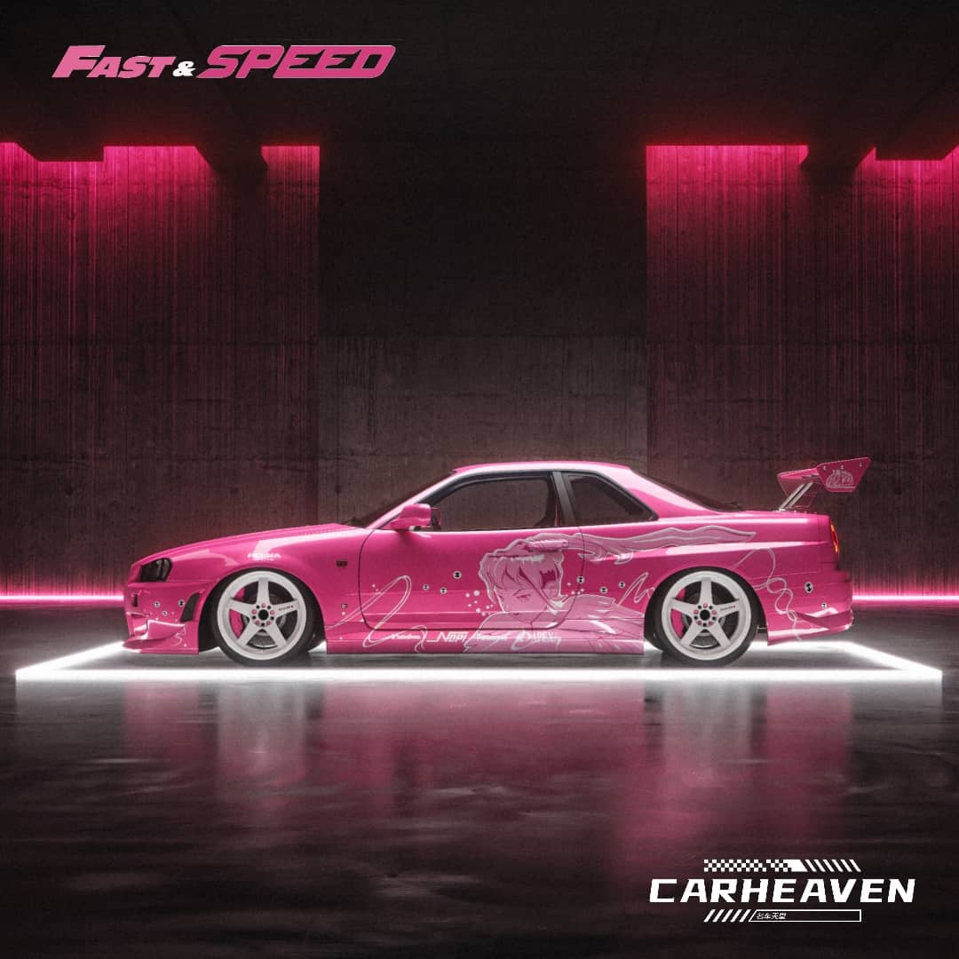 Fast Speed x Car Heaven 1/64 Skyline GT-R R34 Z-Tune  HighWing Edition FNF Suki Pink Livery