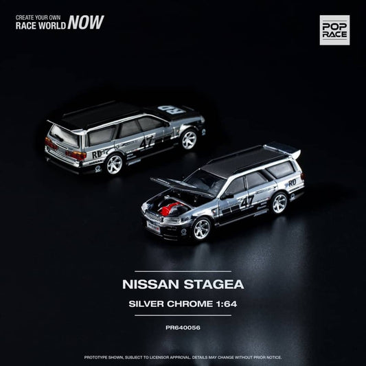 Pop Race 1/64 Stagea WC34 260RS Chrome Silver 丨Open-Hood, Visible Engine