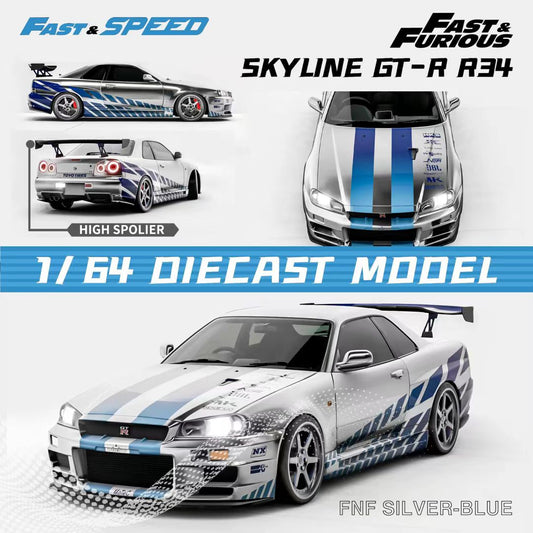 Fast Speed 1/64 Skyline GT-R R34 Z-Tune TE37 Rims & HighWing Edition - FnF Silver Blue