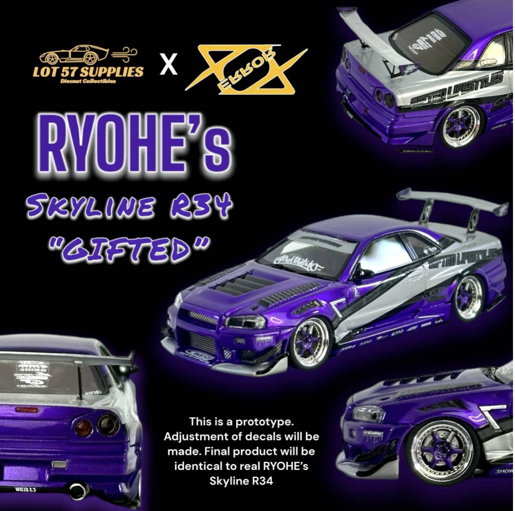 404Error 1/64 Skyline GT-R R34 Ryohe's "GIFTED" Purple with White Strips