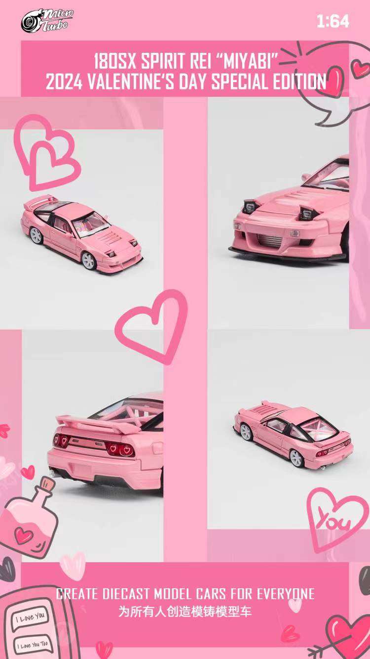 MicroTurbo 1/64 Miyabi 180SX (S13 Silvia) Spirit Rei Modified Valentine`s Day Special Edition - Metallic Pink (Retractable-Headlight, Visible Engine)