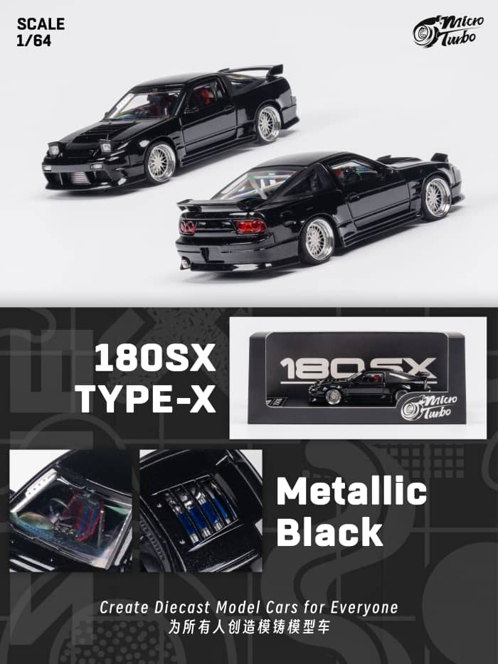 MicroTurbo 1/64 S13 Silvia 180SX Type X Modified - Metallic Black (Retractable-Headlight, Visible Engine)