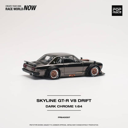 Pop Race 1/64 Skyline GT-R KPGC10 Hakosuka, V8 Drift Modified. Dark Chrome