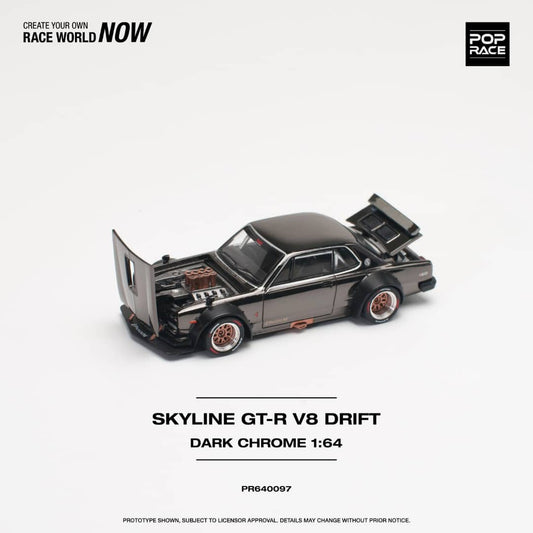 Pop Race 1/64 Skyline GT-R KPGC10 Hakosuka, V8 Drift Modified. Dark Chrome