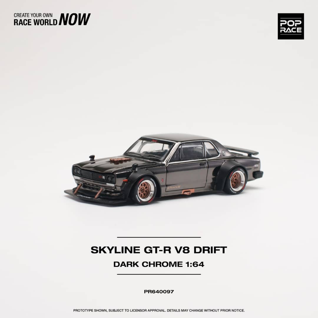 Pop Race 1/64 Skyline GT-R KPGC10 Hakosuka, V8 Drift Modified. Dark Chrome