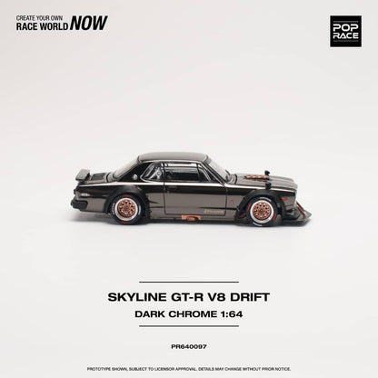 Pop Race 1/64 Skyline GT-R KPGC10 Hakosuka, V8 Drift Modified. Dark Chrome