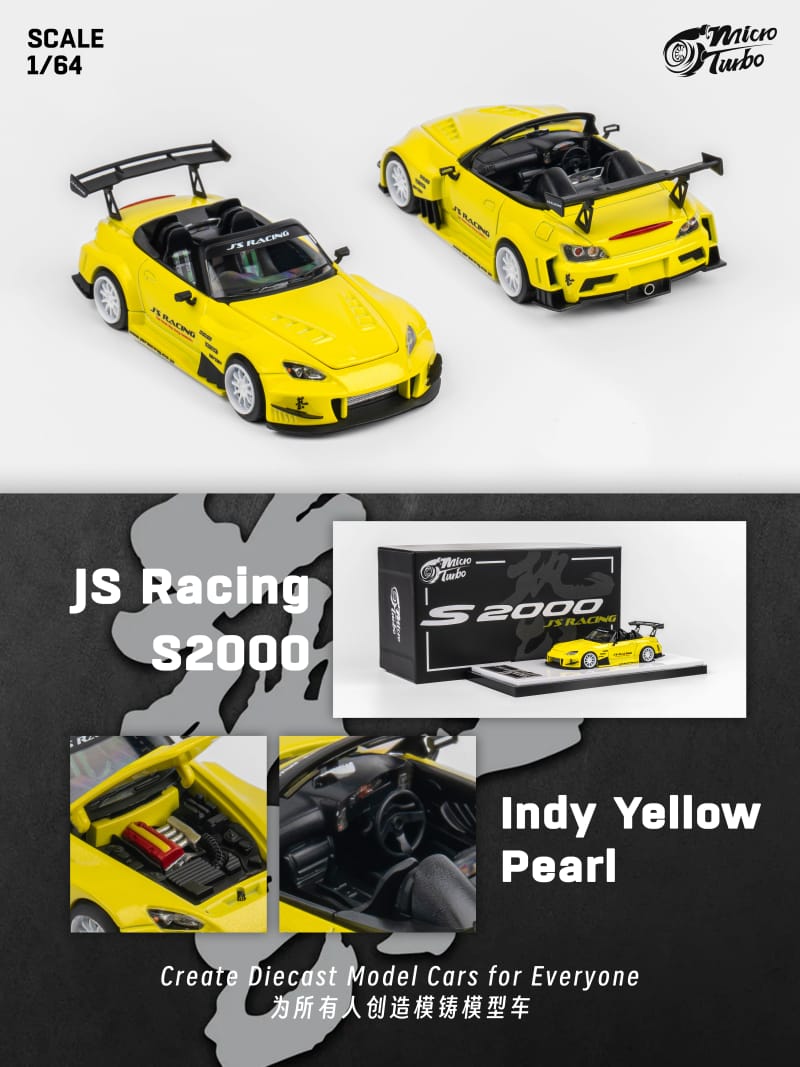 MicroTurbo 1/64 S2000 AP1 J's Racing Modified Metallic Yellow (Open-Hood丨Detachable Engine丨Magnet Spoiler)