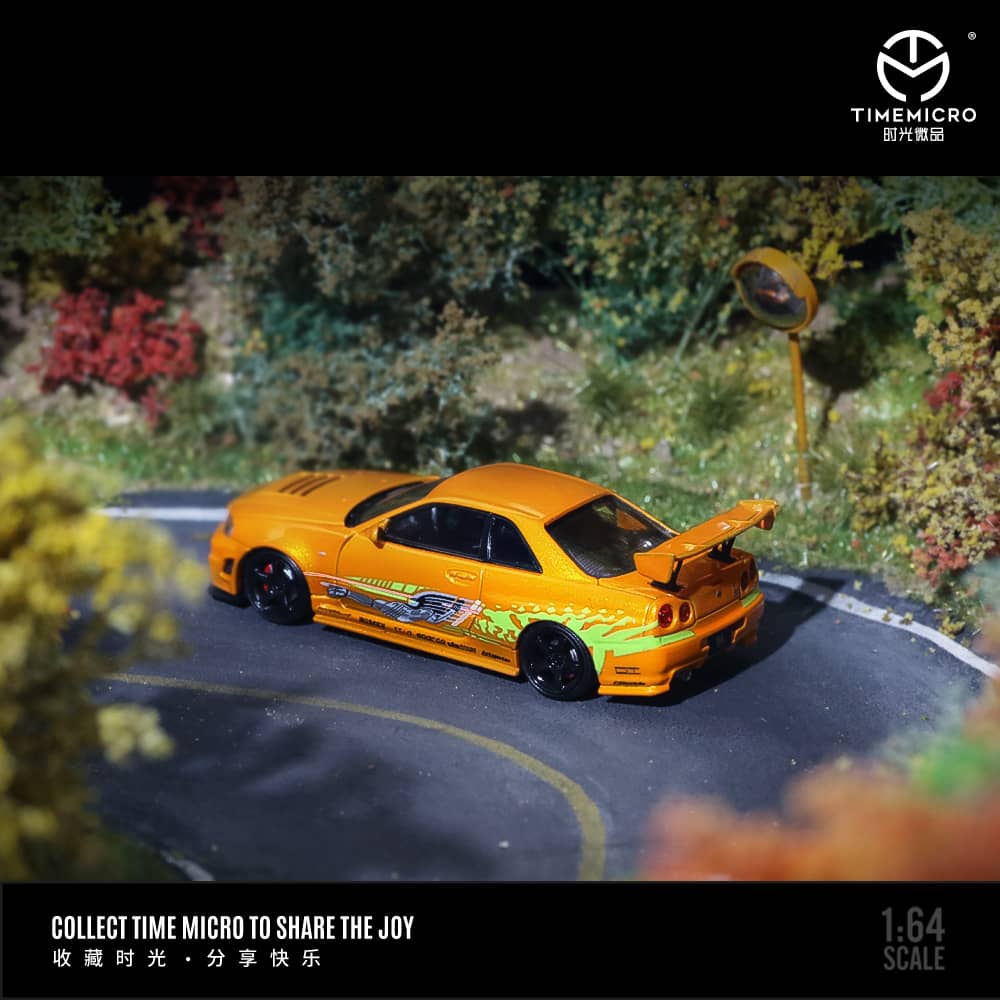 Time Micro 1/64 Skyline GT-R R34 Nismo Z-Tune Fast n Furious Livery (Open-Hood, Visible Engine)