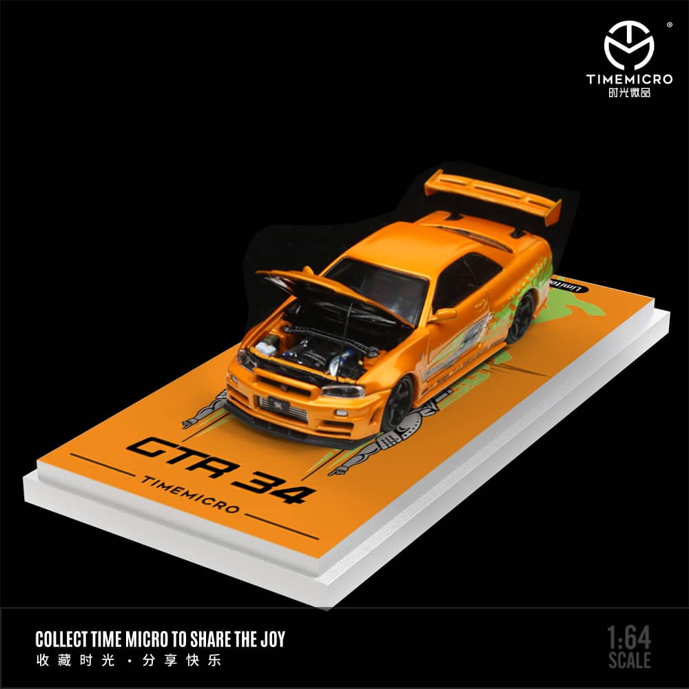 Time Micro 1/64 Skyline GT-R R34 Nismo Z-Tune Fast n Furious Livery (Open-Hood, Visible Engine)