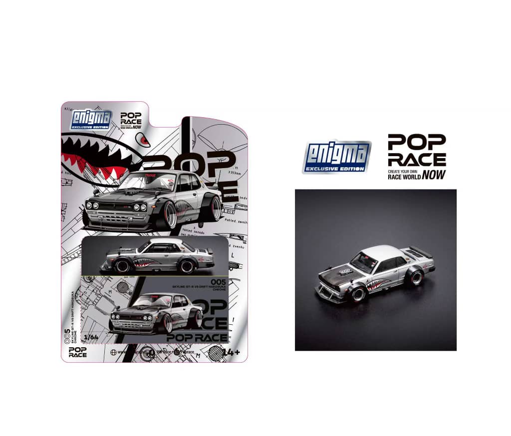 [ETA:  May 2025 ] Pop Race x Enigma 1/64 Skyline GT-R KPGC10 Hakosuka V8 Drift Modified Silver Shark Blister Card Version