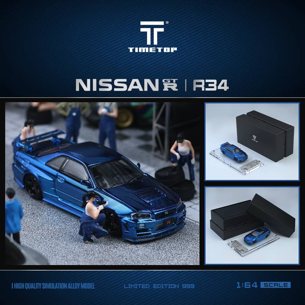 TimeTop x Time Micro 1/64 Skyline GT-R R34  Nismo Z-Tune Chrome Blue Full Carbon Color Gift Box Package