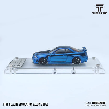 TimeTop x Time Micro 1/64 Skyline GT-R R34  Nismo Z-Tune Chrome Blue Full Carbon Color Gift Box Package