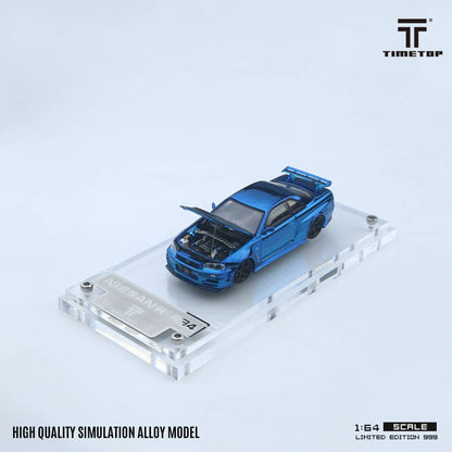 TimeTop x Time Micro 1/64 Skyline GT-R R34  Nismo Z-Tune Chrome Blue Full Carbon Color Gift Box Package