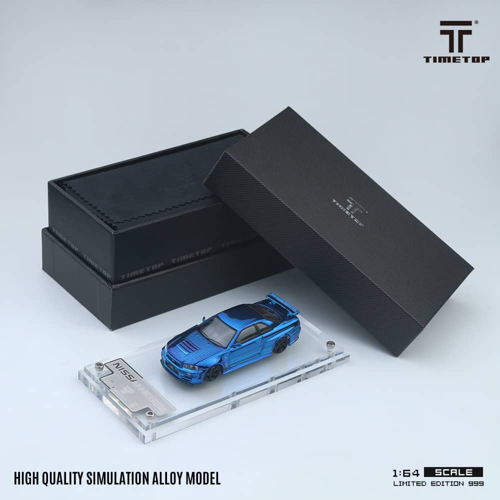 TimeTop x Time Micro 1/64 Skyline GT-R R34  Nismo Z-Tune Chrome Blue Full Carbon Color Gift Box Package