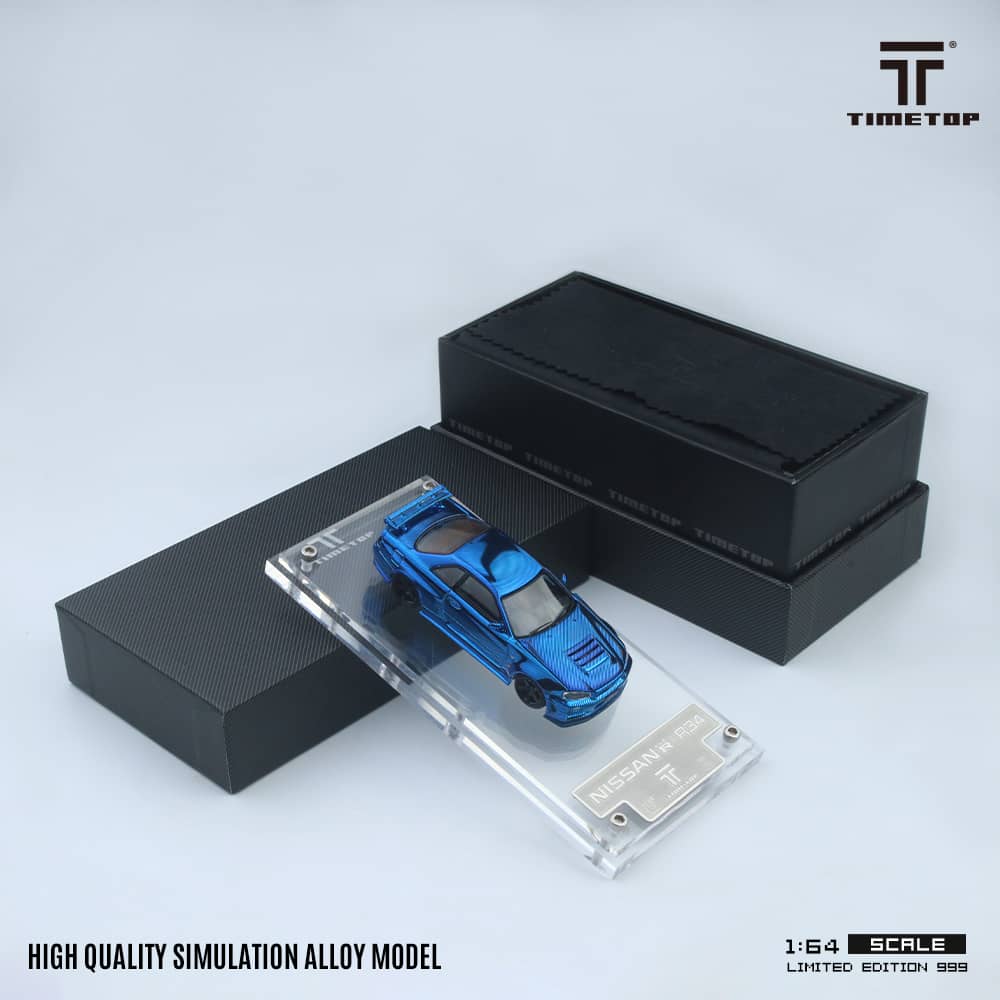 TimeTop x Time Micro 1/64 Skyline GT-R R34  Nismo Z-Tune Chrome Blue Full Carbon Color Gift Box Package
