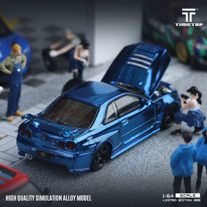 TimeTop x Time Micro 1/64 Skyline GT-R R34  Nismo Z-Tune Chrome Blue Full Carbon Color Gift Box Package