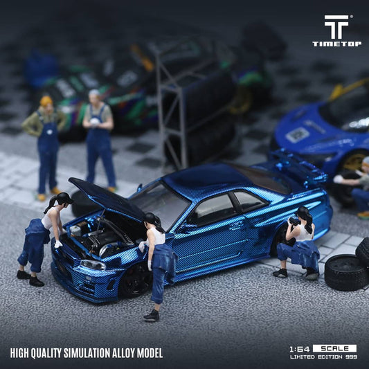 TimeTop x Time Micro 1/64 Skyline GT-R R34  Nismo Z-Tune Chrome Blue Full Carbon Color Gift Box Package