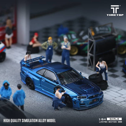 TimeTop x Time Micro 1/64 Skyline GT-R R34  Nismo Z-Tune Chrome Blue Full Carbon Color Gift Box Package