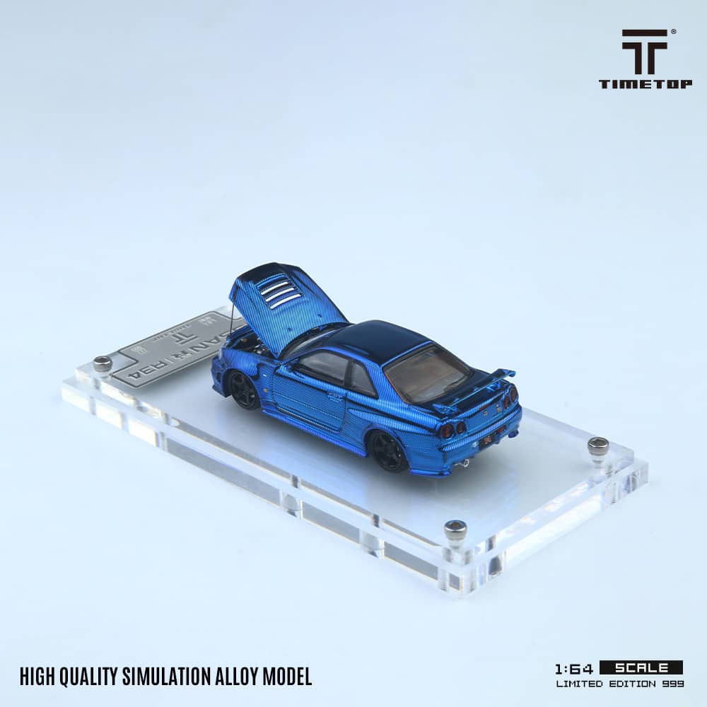 TimeTop x Time Micro 1/64 Skyline GT-R R34  Nismo Z-Tune Chrome Blue Full Carbon Color Gift Box Package