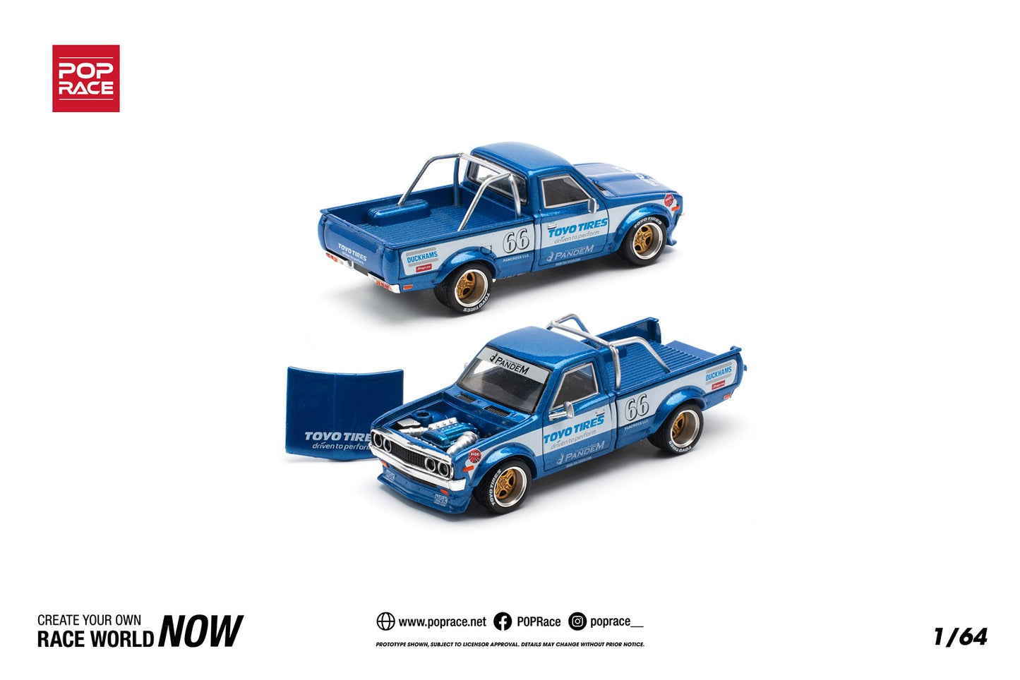 Pop Race 1/64 Datsun 620 Pickup Pandem Modified - Blue Toyo Tires Livery 
(Open-Hood, Visible Engine)