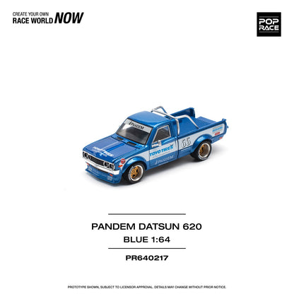 Pop Race 1/64 Datsun 620 Pickup Pandem Modified - Blue Toyo Tires Livery 
(Open-Hood, Visible Engine)