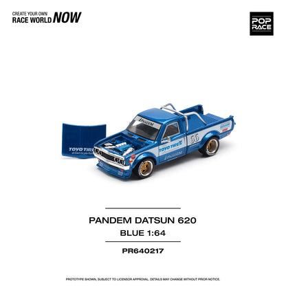 Pop Race 1/64 Datsun 620 Pickup Pandem Modified - Blue Toyo Tires Livery 
(Open-Hood, Visible Engine)