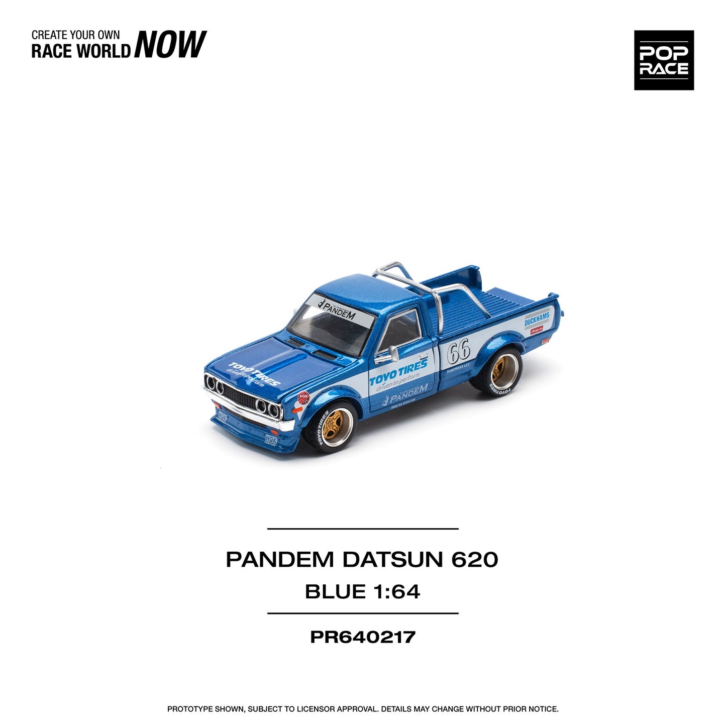 Pop Race 1/64 Datsun 620 Pickup Pandem Modified - Blue Toyo Tires Livery 
(Open-Hood, Visible Engine)