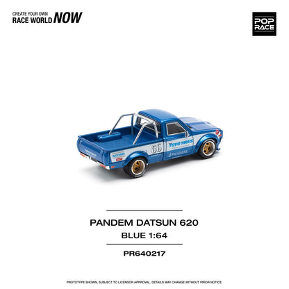 Pop Race 1/64 Datsun 620 Pickup Pandem Modified - Blue Toyo Tires Livery 
(Open-Hood, Visible Engine)
