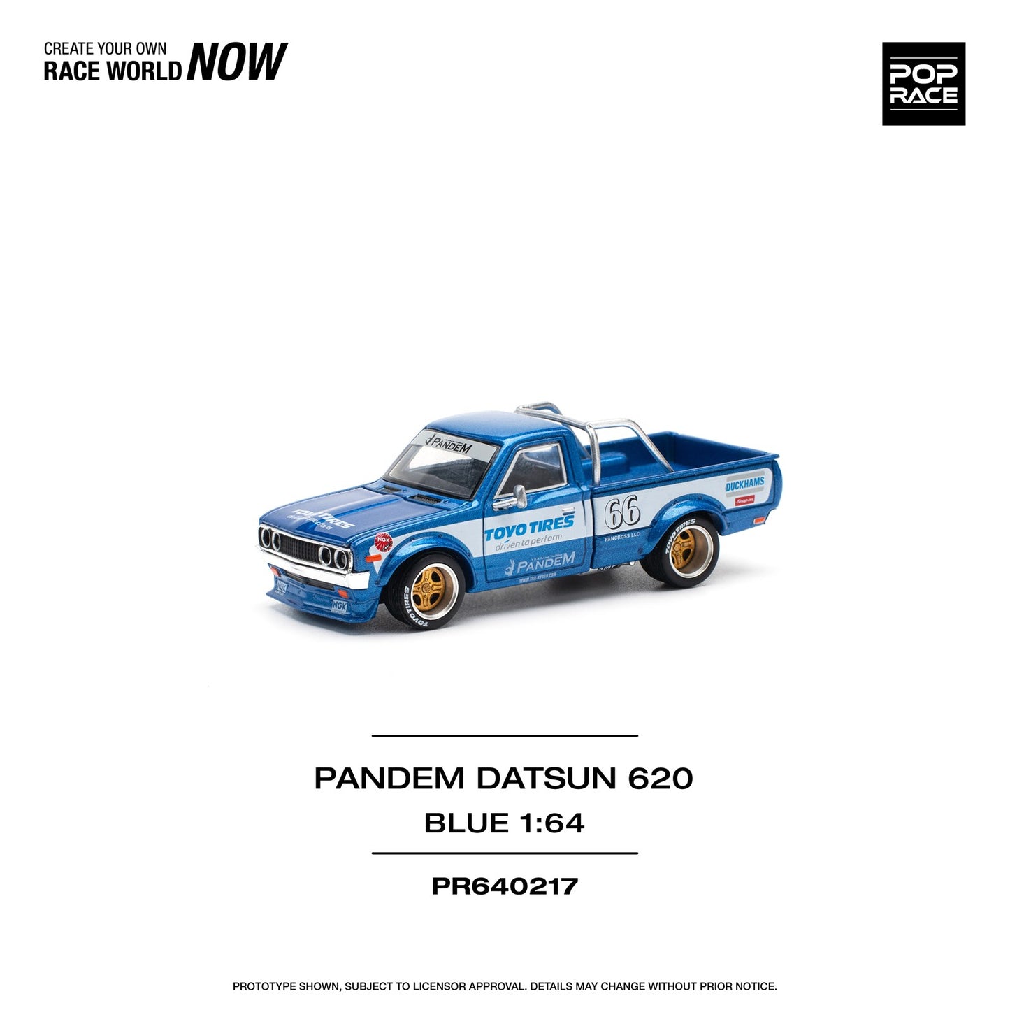 Pop Race 1/64 Datsun 620 Pickup Pandem Modified - Blue Toyo Tires Livery 
(Open-Hood, Visible Engine)