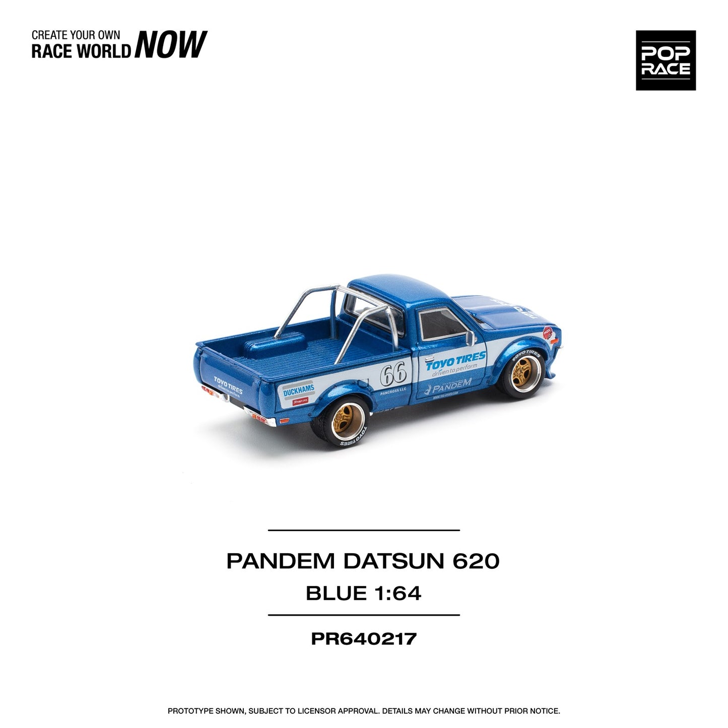 Pop Race 1/64 Datsun 620 Pickup Pandem Modified - Blue Toyo Tires Livery 
(Open-Hood, Visible Engine)