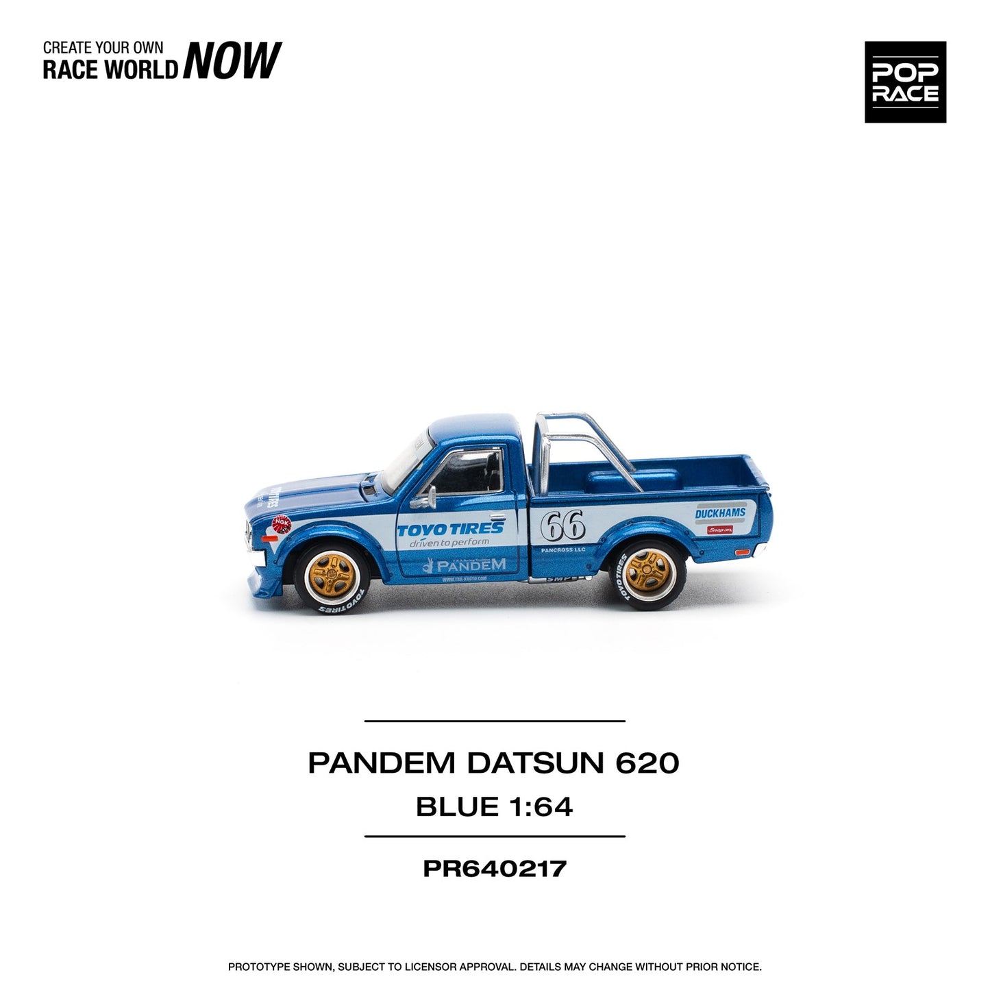 Pop Race 1/64 Datsun 620 Pickup Pandem Modified - Blue Toyo Tires Livery 
(Open-Hood, Visible Engine)