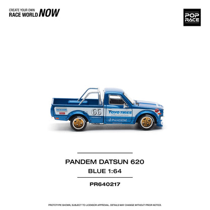 Pop Race 1/64 Datsun 620 Pickup Pandem Modified - Blue Toyo Tires Livery 
(Open-Hood, Visible Engine)