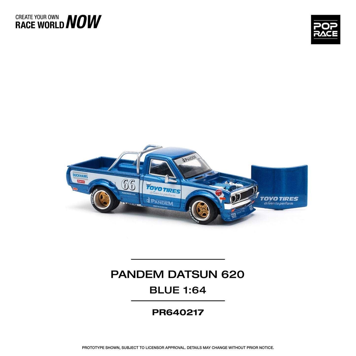Pop Race 1/64 Datsun 620 Pickup Pandem Modified - Blue Toyo Tires Livery 
(Open-Hood, Visible Engine)