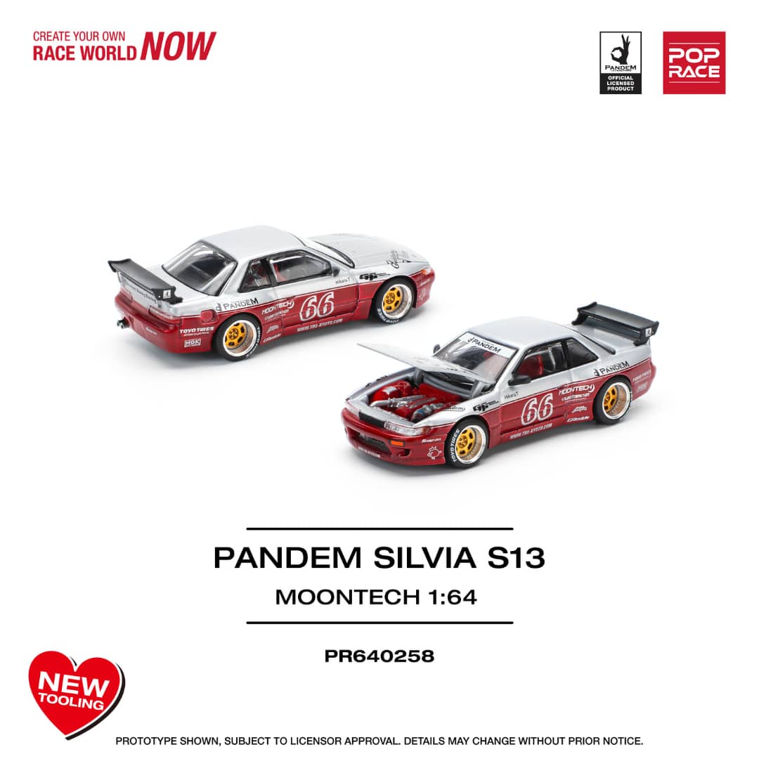 [ETA:  Aug 2025 ] Pop Race 1/64 S13 Silvia Pandem Rocket Bunny Silver Moontech Red 66#