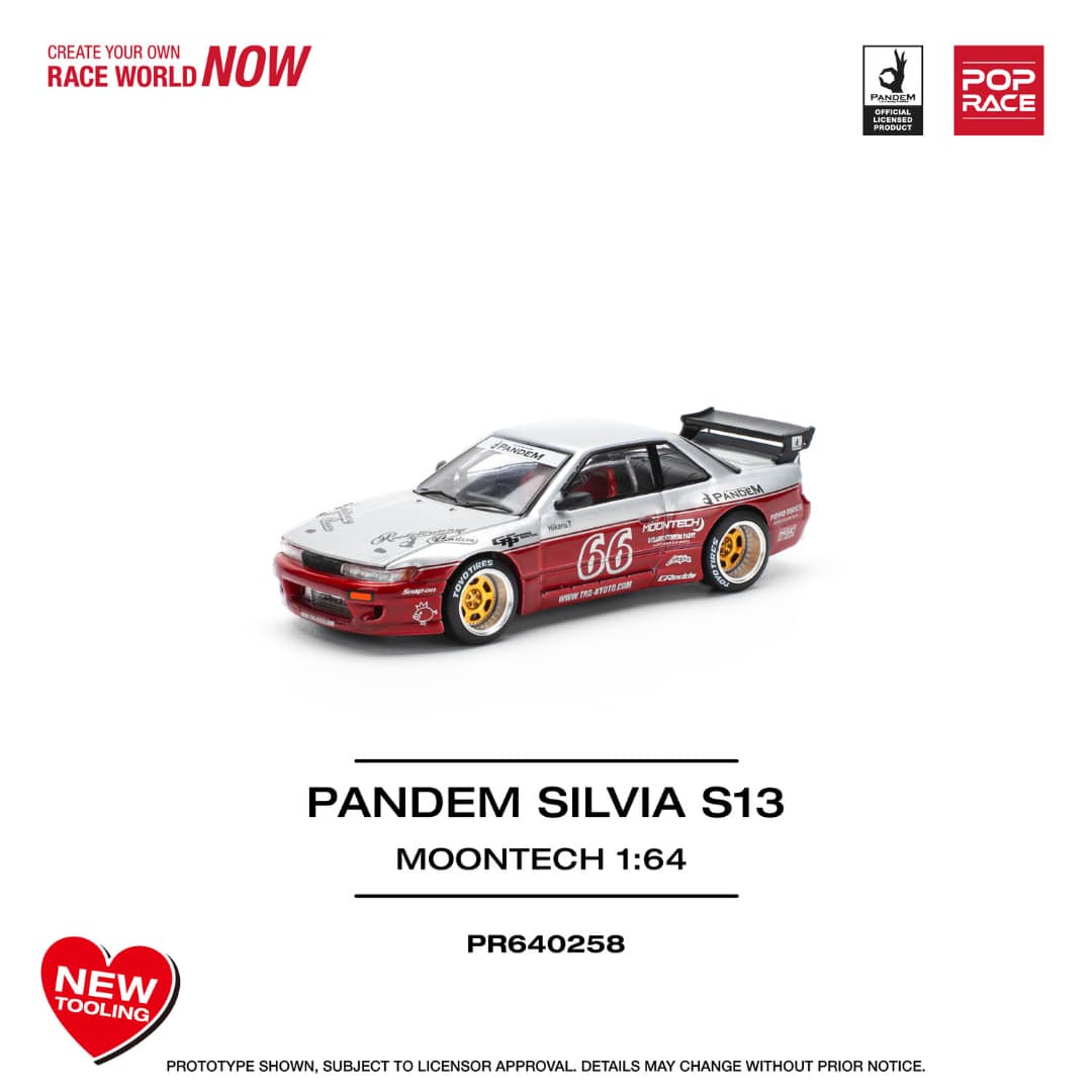 [ETA:  Aug 2025 ] Pop Race 1/64 S13 Silvia Pandem Rocket Bunny Silver Moontech Red 66#