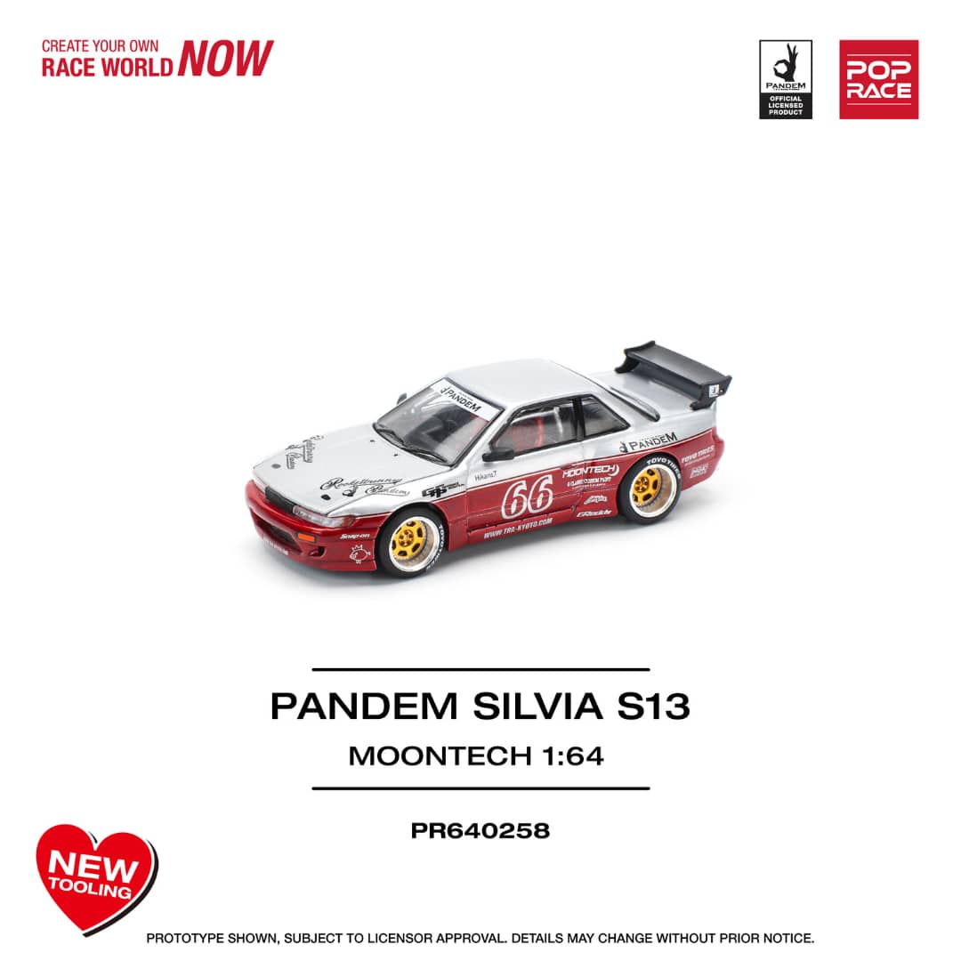 [ETA:  Aug 2025 ] Pop Race 1/64 S13 Silvia Pandem Rocket Bunny Silver Moontech Red 66#