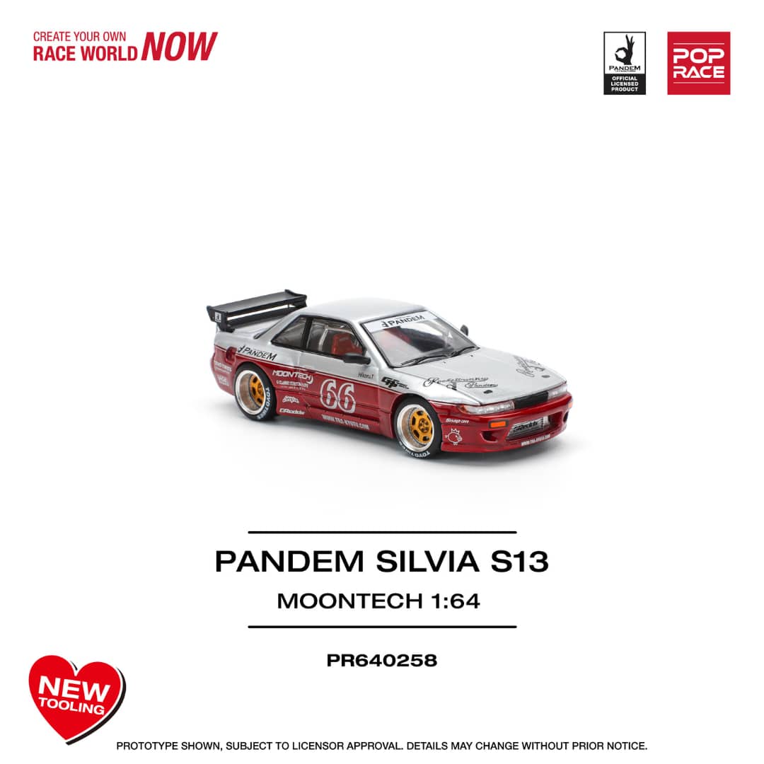 [ETA:  Aug 2025 ] Pop Race 1/64 S13 Silvia Pandem Rocket Bunny Silver Moontech Red 66#