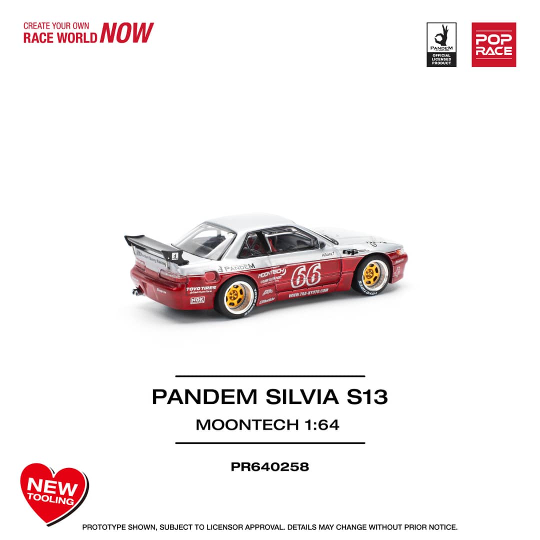 [ETA:  Aug 2025 ] Pop Race 1/64 S13 Silvia Pandem Rocket Bunny Silver Moontech Red 66#