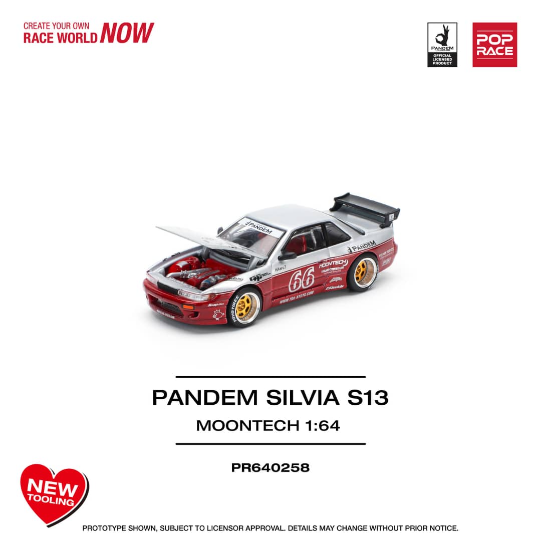 [ETA:  Aug 2025 ] Pop Race 1/64 S13 Silvia Pandem Rocket Bunny Silver Moontech Red 66#