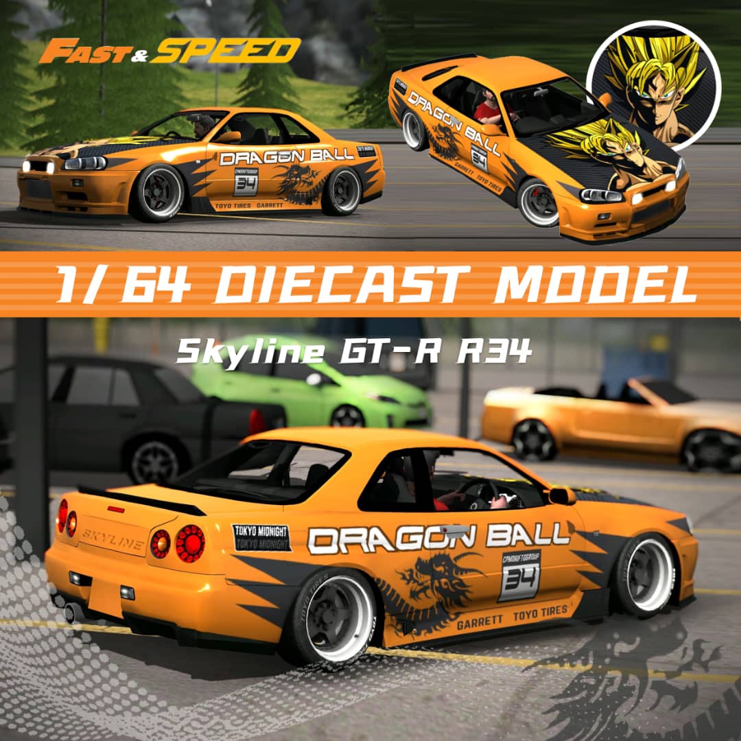 Fast Speed 1/64 Skyline GT-R R34 - Yellow Dragon Ball Livery