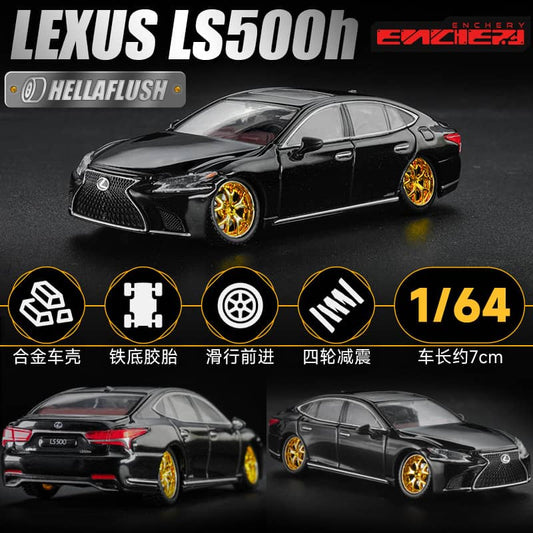 [ETA:  Aug 2025 ] Enchery 1/64 Lexus LS500h HellaFlush Lowride Metallic Black with chrome Gold rims