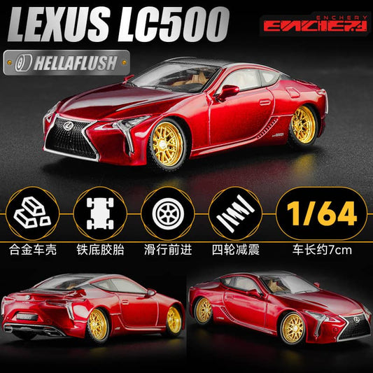 [ETA:  Aug 2025 ] Enchery 1/64 Lexus LC500 HellaFlush Lowride Metallic Red with chrome Gold rims