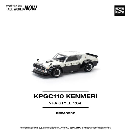 [ETA:  Dec 2025 ] Pop Race 1/64 Skyline GT-R KPGC10 Kenmeri V8 Drift Modified White-Black NPA STYLE