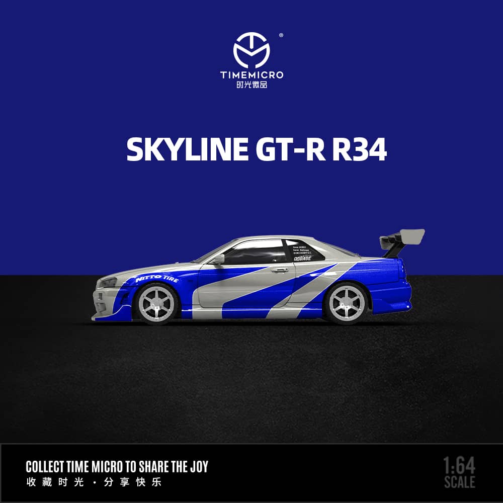 ETA: Oct 2025 ] Time Micro 1/64 GT-R R34 V-SPEC-II Silver/Blue