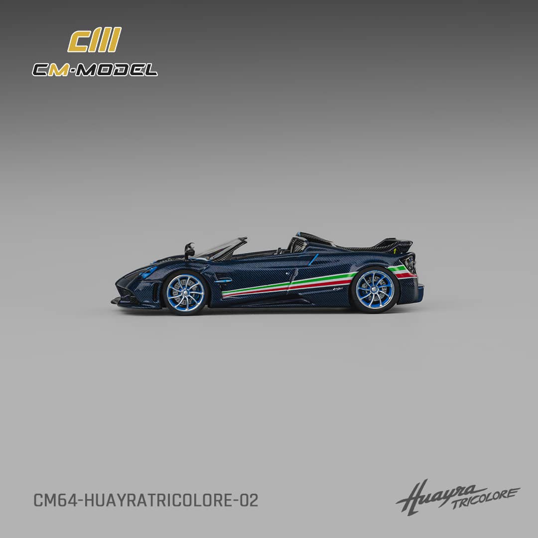 [ETA:  Mar 2026 ] CM Model 1/64 Pagani  Huayra Tricolore Roadster - Carbon Blue with Italia Flag Strips